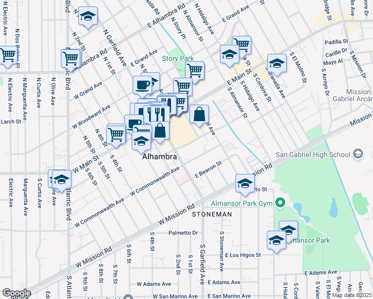 map of restaurants, bars, coffee shops, grocery stores, and more near 78 East Bay State Street in Alhambra
