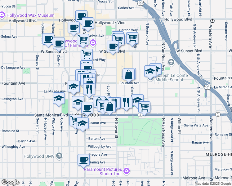 map of restaurants, bars, coffee shops, grocery stores, and more near 1221 North Gower Street in Los Angeles