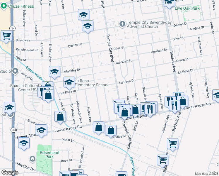 map of restaurants, bars, coffee shops, grocery stores, and more near 9564 La Rosa Drive in Temple City