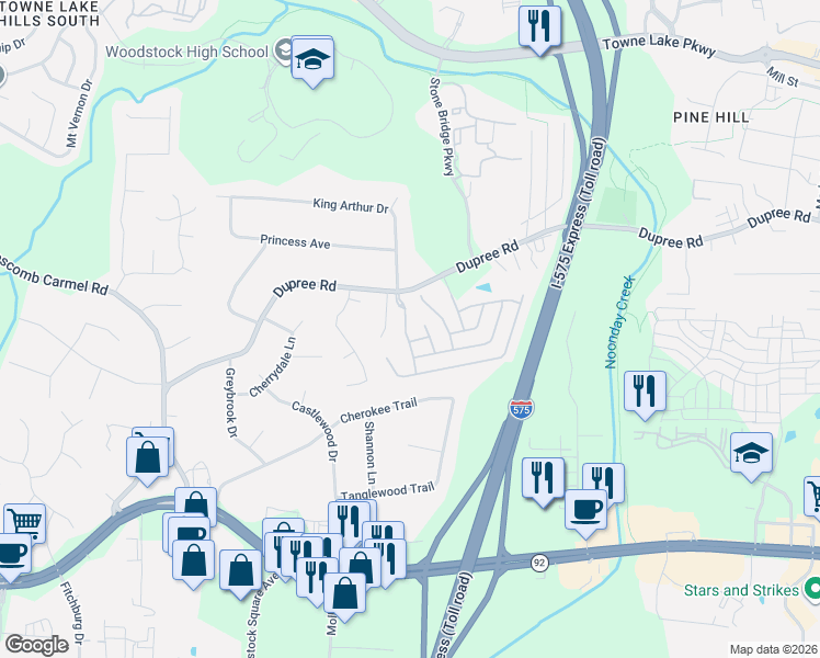 map of restaurants, bars, coffee shops, grocery stores, and more near 114 Village Green Avenue in Woodstock