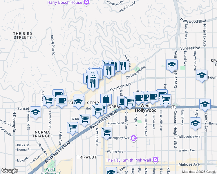 map of restaurants, bars, coffee shops, grocery stores, and more near 1220 North La Cienega Boulevard in West Hollywood