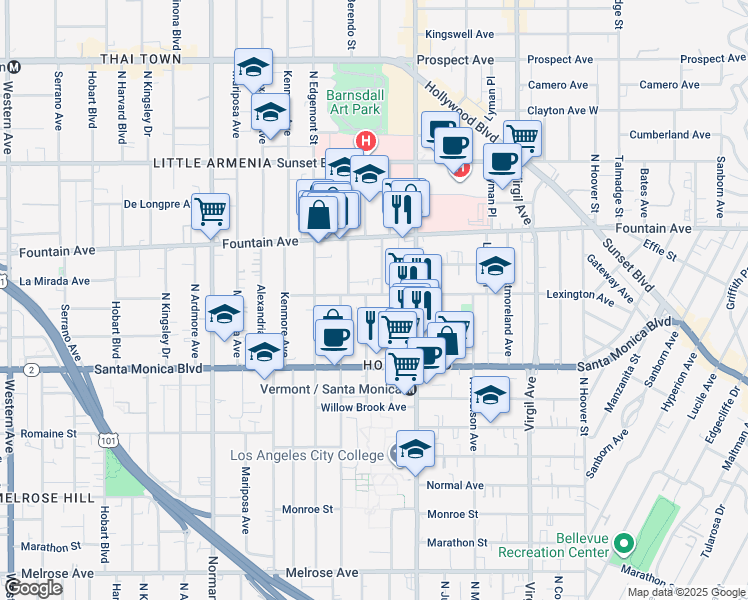 map of restaurants, bars, coffee shops, grocery stores, and more near 1184 North Berendo Street in Los Angeles