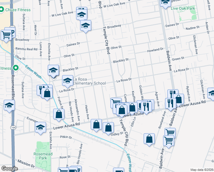 map of restaurants, bars, coffee shops, grocery stores, and more near 5032 Fiesta Avenue in Temple City