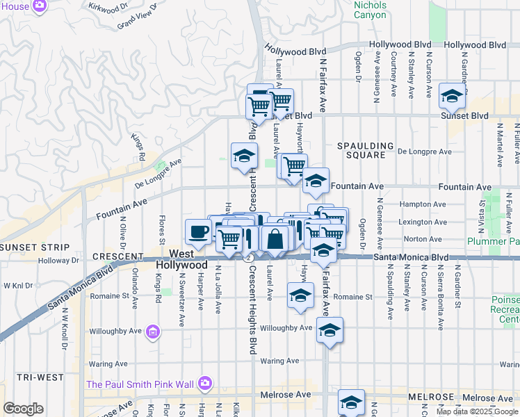 map of restaurants, bars, coffee shops, grocery stores, and more near 1248 North Crescent Heights Boulevard in West Hollywood