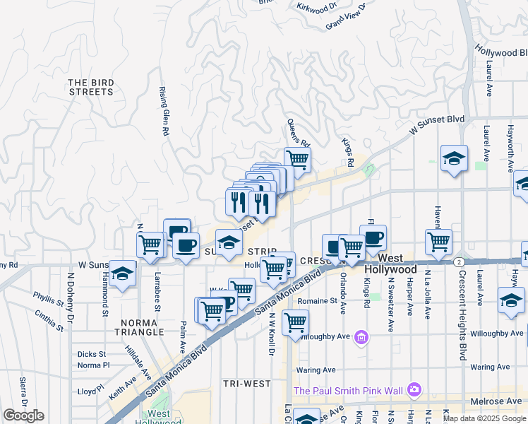 map of restaurants, bars, coffee shops, grocery stores, and more near 8560 Sunset Boulevard in West Hollywood