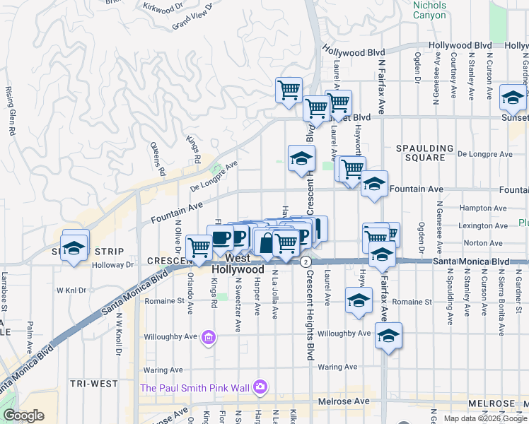 map of restaurants, bars, coffee shops, grocery stores, and more near 1250 North Harper Avenue in West Hollywood