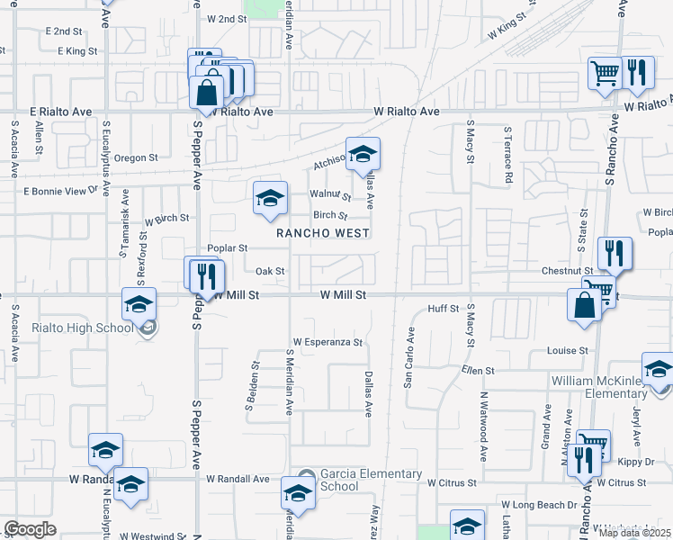 map of restaurants, bars, coffee shops, grocery stores, and more near 2686 West Mill Street in San Bernardino