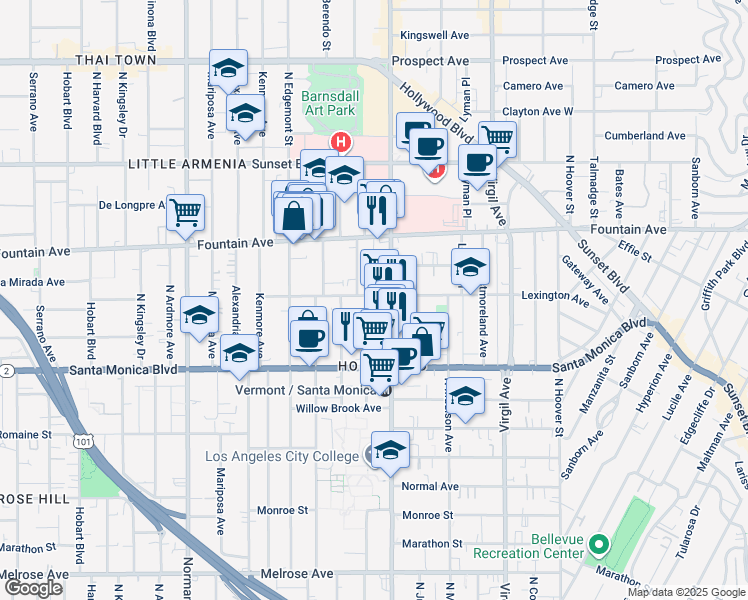 map of restaurants, bars, coffee shops, grocery stores, and more near 4754 Lexington Avenue in Los Angeles