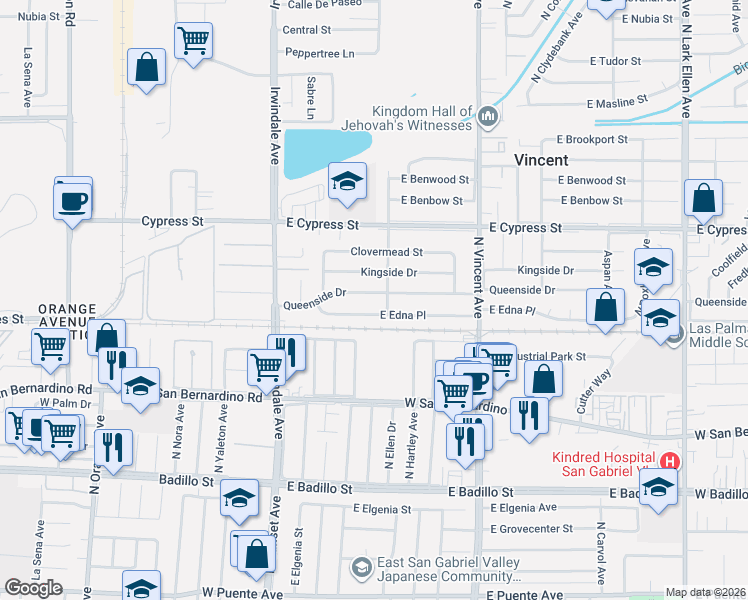 map of restaurants, bars, coffee shops, grocery stores, and more near 16162 East Queenside Drive in Covina