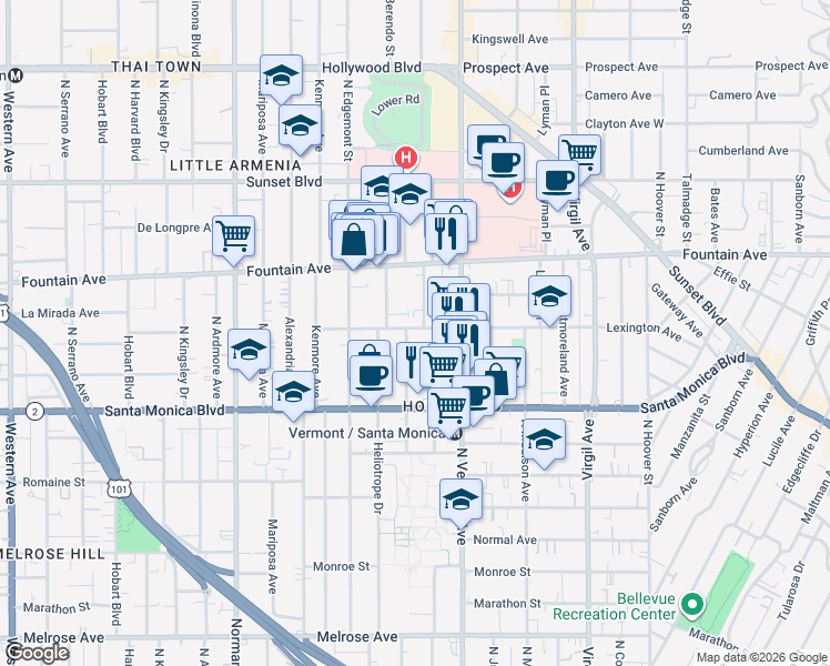 map of restaurants, bars, coffee shops, grocery stores, and more near 1184 North Berendo Street in Los Angeles