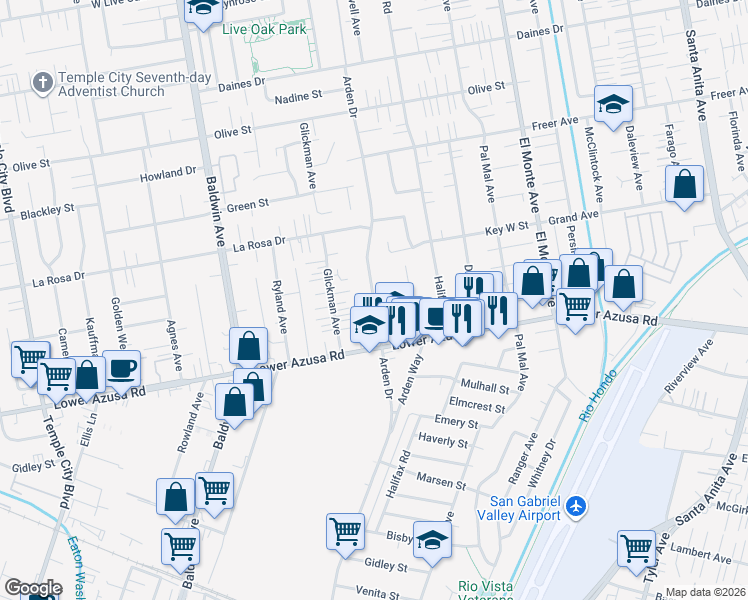 map of restaurants, bars, coffee shops, grocery stores, and more near Arden Drive in Temple City