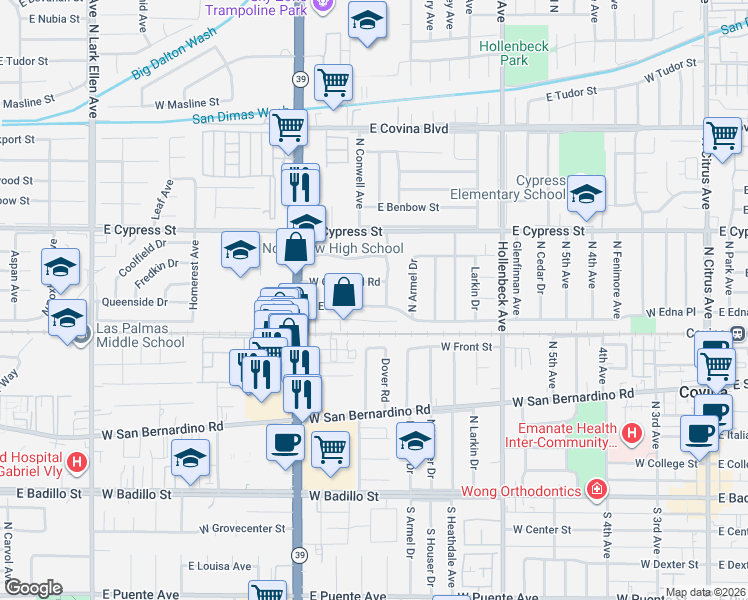 map of restaurants, bars, coffee shops, grocery stores, and more near 747 West Edna Place in Covina