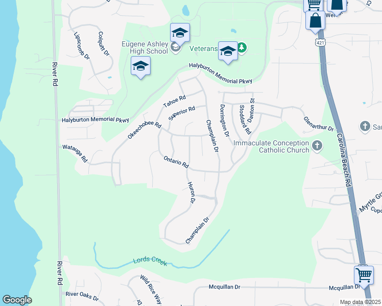 map of restaurants, bars, coffee shops, grocery stores, and more near 7617 Huron Drive in Wilmington