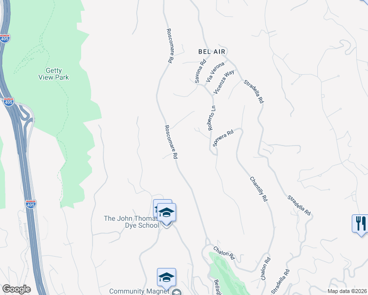 map of restaurants, bars, coffee shops, grocery stores, and more near 1268 Roscomare Road in Los Angeles