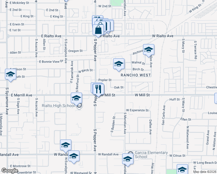 map of restaurants, bars, coffee shops, grocery stores, and more near 445 South Burney Street in Rialto