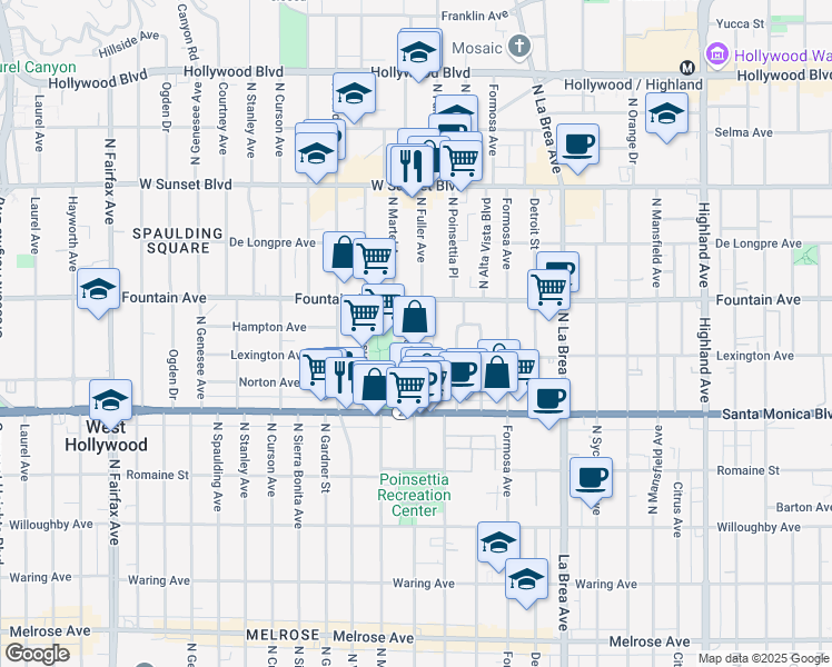 map of restaurants, bars, coffee shops, grocery stores, and more near 1226 North Fuller Avenue in West Hollywood