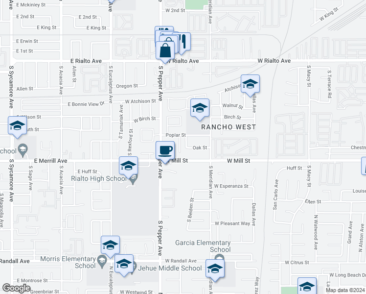 map of restaurants, bars, coffee shops, grocery stores, and more near 445 South Burney Street in Rialto