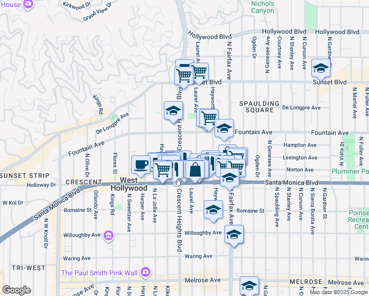 map of restaurants, bars, coffee shops, grocery stores, and more near 1248 North Crescent Heights Boulevard in West Hollywood