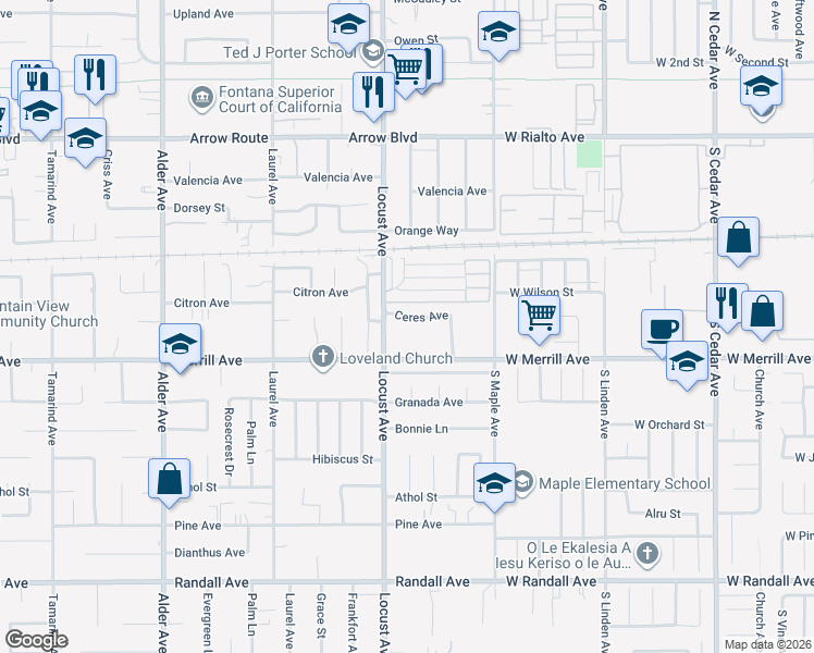 map of restaurants, bars, coffee shops, grocery stores, and more near 18155 Williams Road in Fontana
