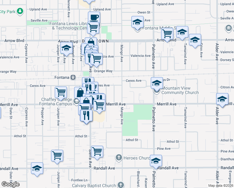 map of restaurants, bars, coffee shops, grocery stores, and more near 8843 Emerald Avenue in Fontana
