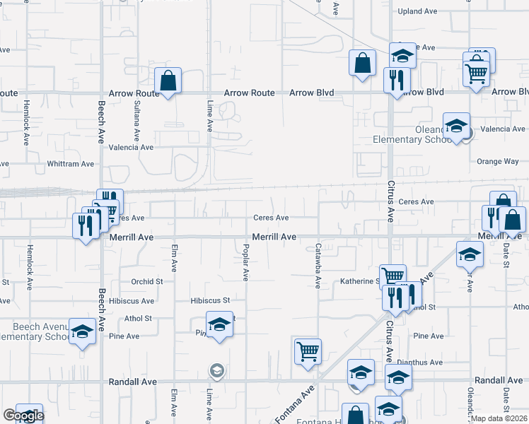 map of restaurants, bars, coffee shops, grocery stores, and more near 15715 Citron Avenue in Fontana