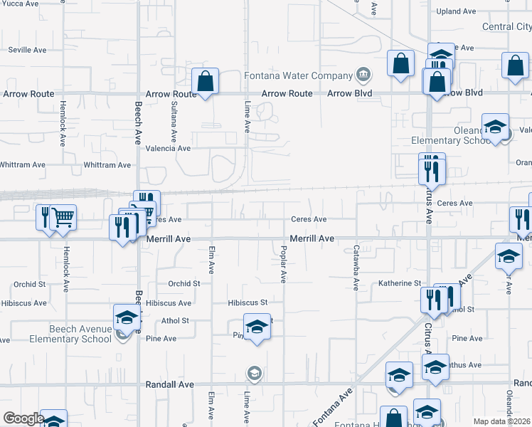 map of restaurants, bars, coffee shops, grocery stores, and more near 15639 Citron Avenue in Fontana