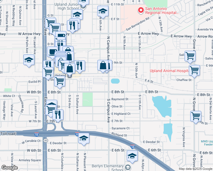 map of restaurants, bars, coffee shops, grocery stores, and more near 155 South Campus Avenue in Upland