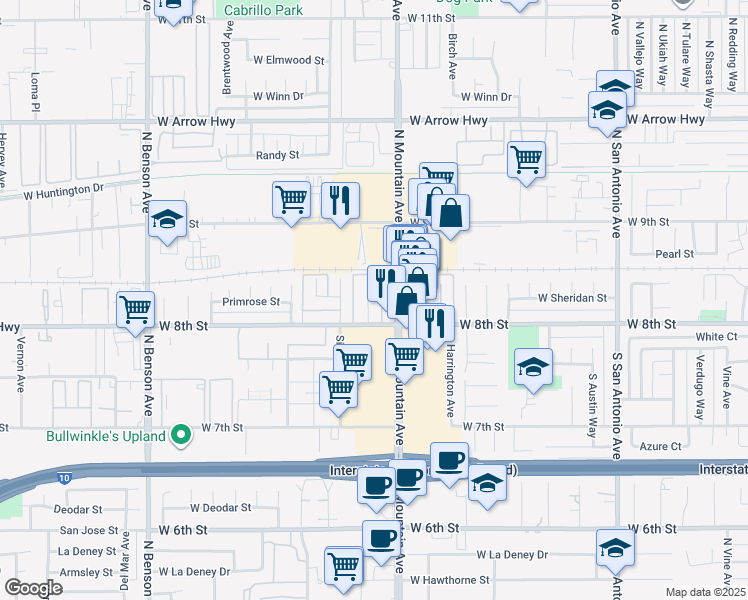 map of restaurants, bars, coffee shops, grocery stores, and more near 121 South Mountain Avenue in Upland