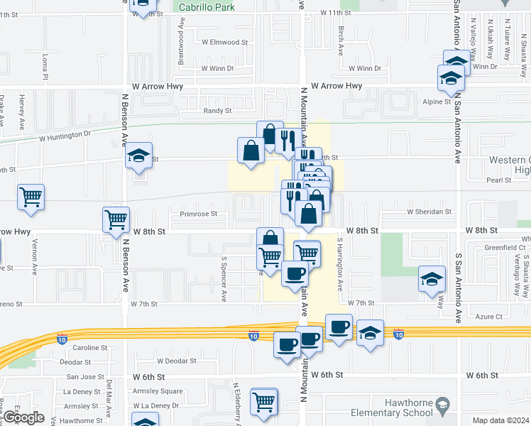 map of restaurants, bars, coffee shops, grocery stores, and more near 143 South Linda Way in Upland