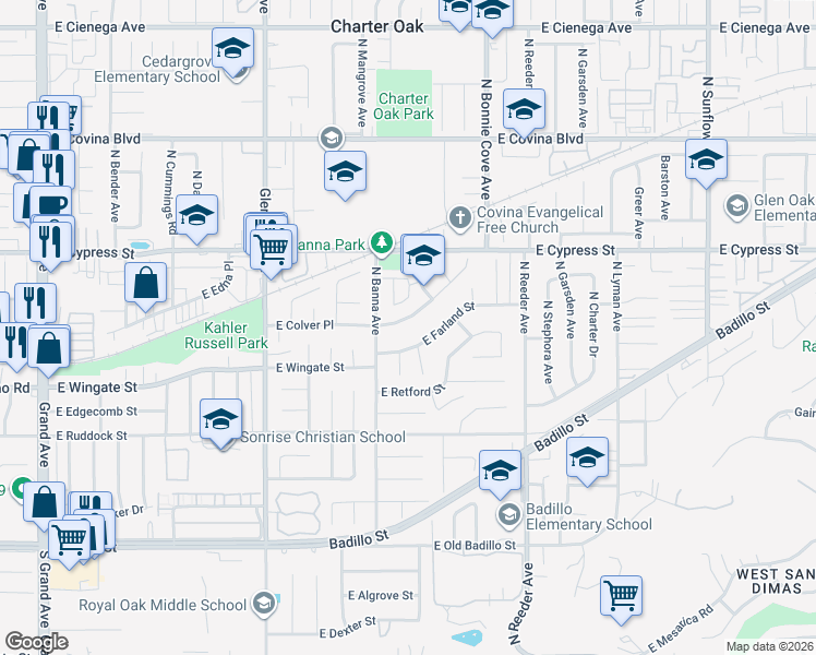 map of restaurants, bars, coffee shops, grocery stores, and more near 1548 East Colver Place in Covina