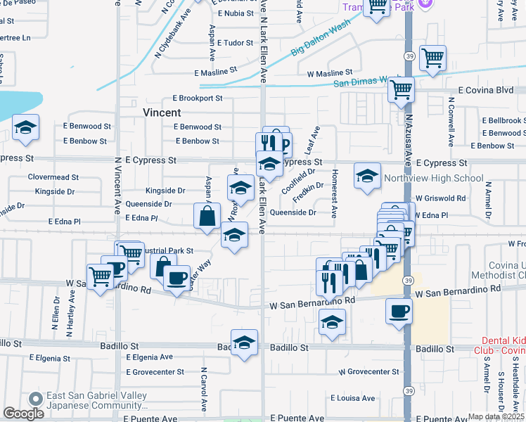 map of restaurants, bars, coffee shops, grocery stores, and more near 4450 East Queenside Drive in Covina