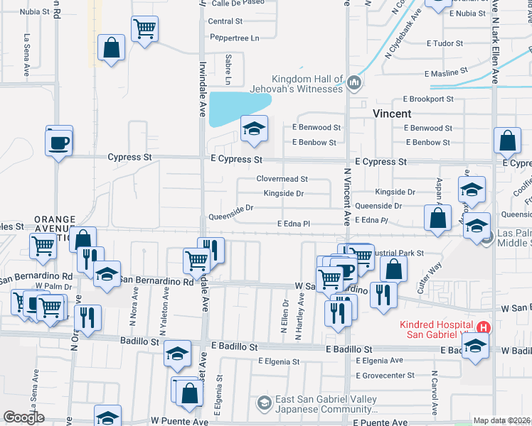 map of restaurants, bars, coffee shops, grocery stores, and more near 16162 East Queenside Drive in Covina