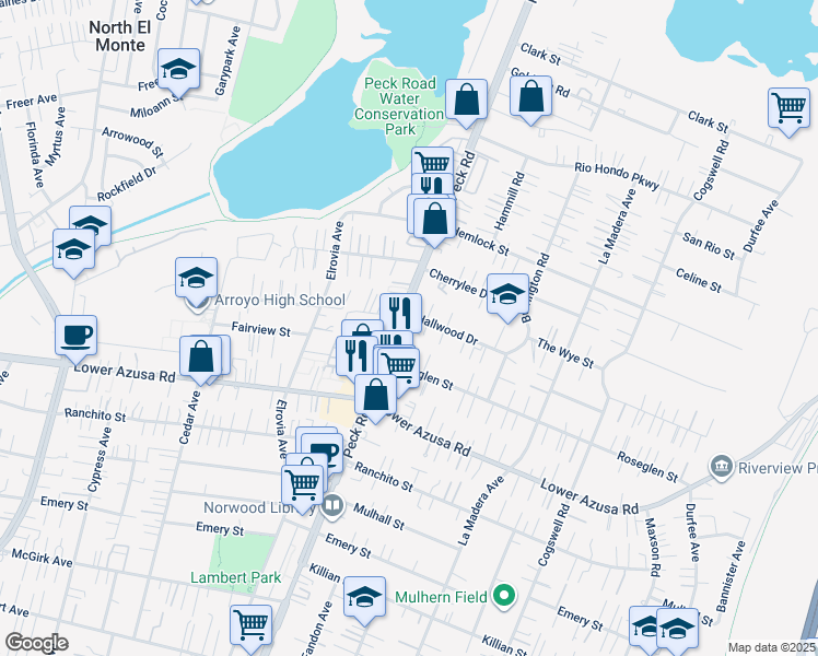 map of restaurants, bars, coffee shops, grocery stores, and more near 11612 Hallwood Drive in El Monte