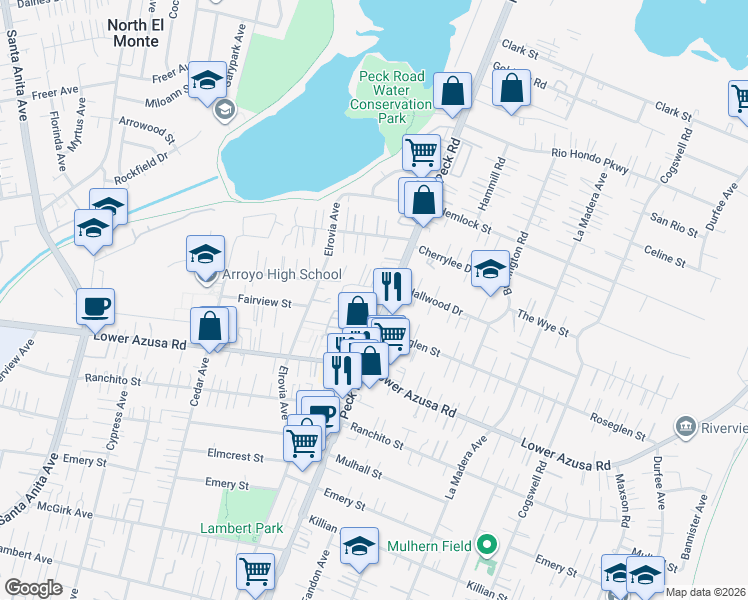 map of restaurants, bars, coffee shops, grocery stores, and more near 11576 Hallwood Drive in El Monte