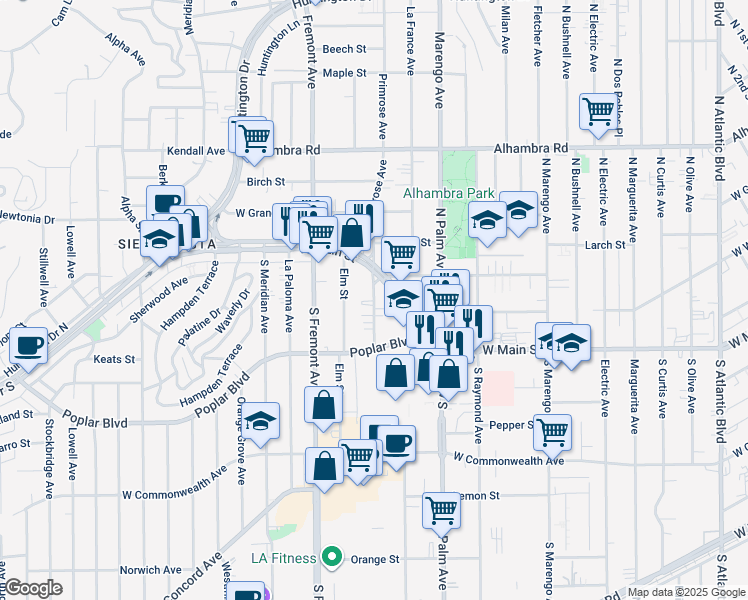 map of restaurants, bars, coffee shops, grocery stores, and more near 2350 West Main Street in Alhambra