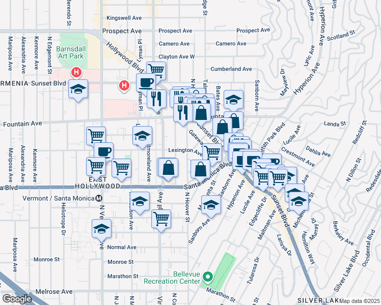 map of restaurants, bars, coffee shops, grocery stores, and more near 4351 Lexington Avenue in Los Angeles