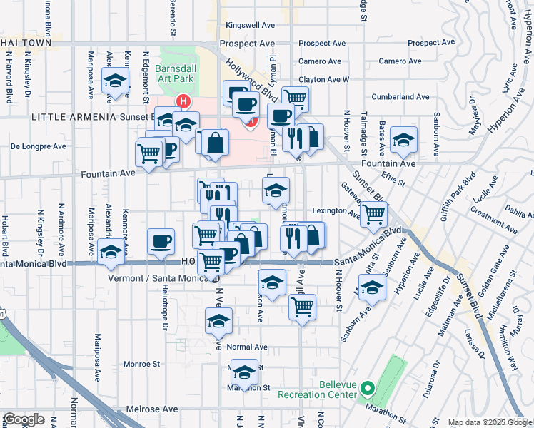 map of restaurants, bars, coffee shops, grocery stores, and more near 4558 Lexington Avenue in Los Angeles