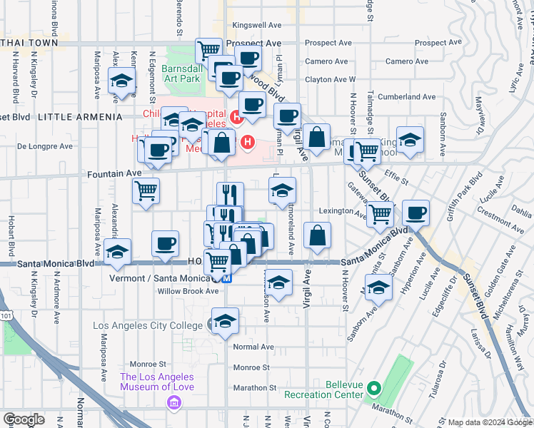map of restaurants, bars, coffee shops, grocery stores, and more near 4611 Lexington Avenue in Los Angeles