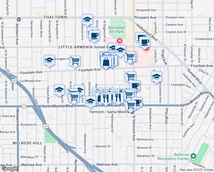 map of restaurants, bars, coffee shops, grocery stores, and more near 1200 North Edgemont Street in Los Angeles