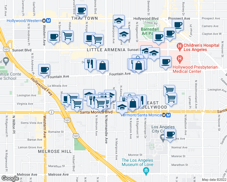 map of restaurants, bars, coffee shops, grocery stores, and more near 1200 North Mariposa Avenue in Los Angeles