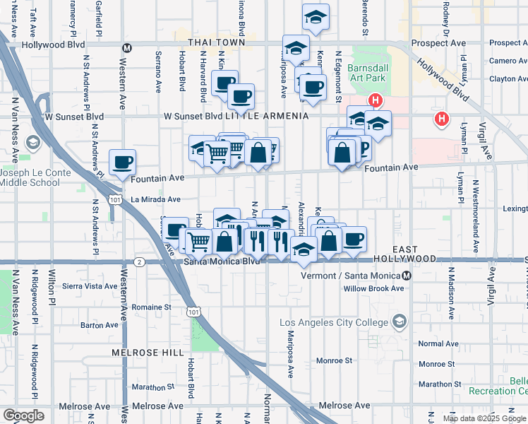 map of restaurants, bars, coffee shops, grocery stores, and more near 1204 North Normandie Avenue in Los Angeles