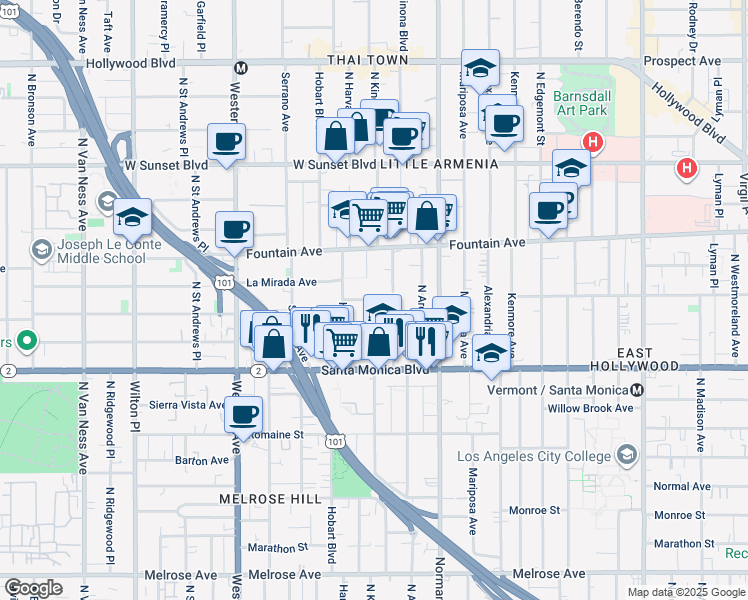 map of restaurants, bars, coffee shops, grocery stores, and more near 5225 Lexington Avenue in Los Angeles