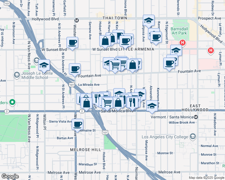 map of restaurants, bars, coffee shops, grocery stores, and more near 5225 Lexington Avenue in Los Angeles