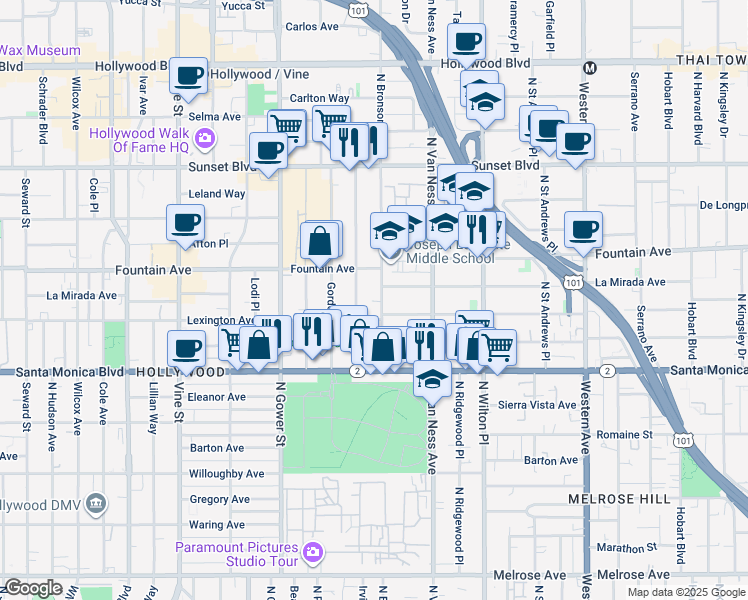 map of restaurants, bars, coffee shops, grocery stores, and more near 1226 Tamarind Avenue in Los Angeles