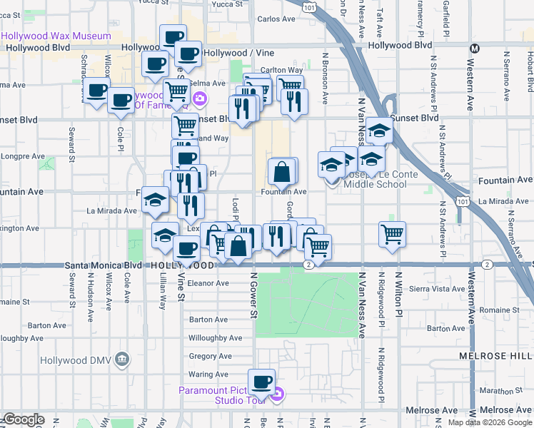 map of restaurants, bars, coffee shops, grocery stores, and more near 1233 North Beachwood Drive in Los Angeles
