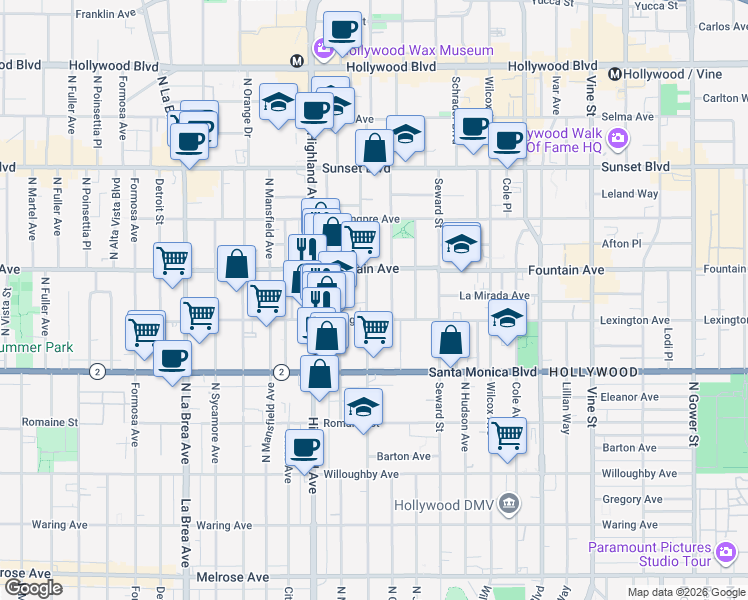 map of restaurants, bars, coffee shops, grocery stores, and more near 1231 North Las Palmas Avenue in Los Angeles