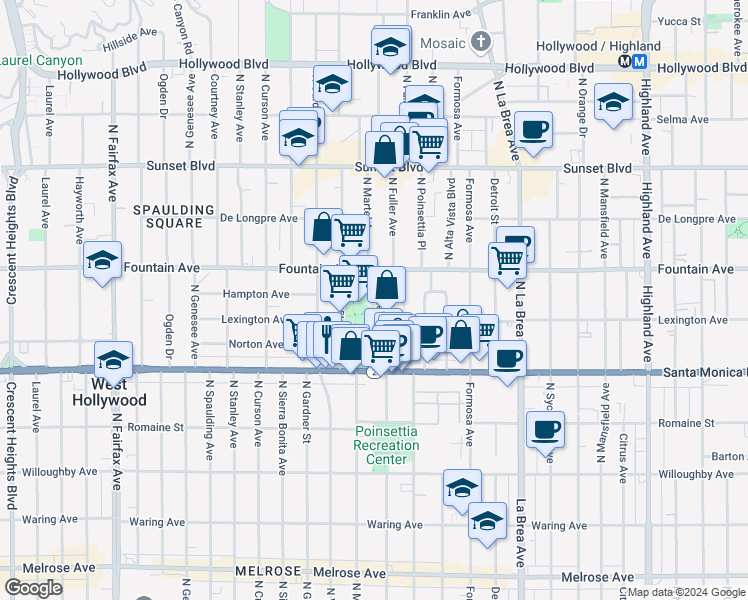 map of restaurants, bars, coffee shops, grocery stores, and more near 1236 1/2 North Fuller Avenue in West Hollywood