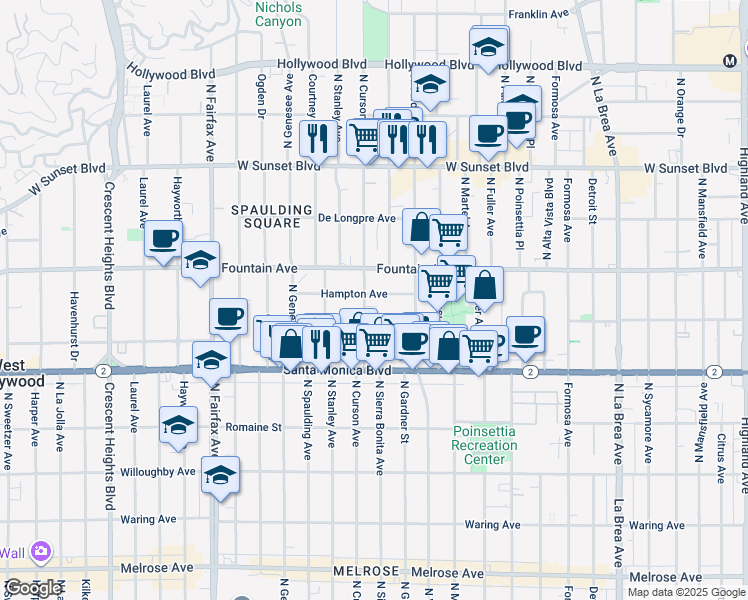 map of restaurants, bars, coffee shops, grocery stores, and more near 7548 Hampton Avenue in West Hollywood