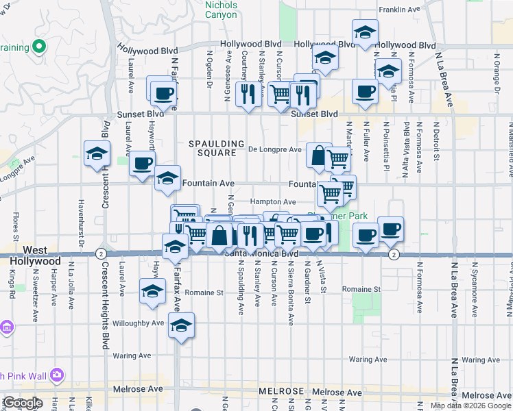 map of restaurants, bars, coffee shops, grocery stores, and more near 7630 Hampton Avenue in Los Angeles