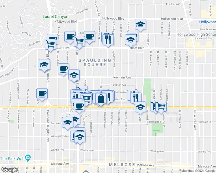 map of restaurants, bars, coffee shops, grocery stores, and more near 7720 Hampton Avenue in Los Angeles